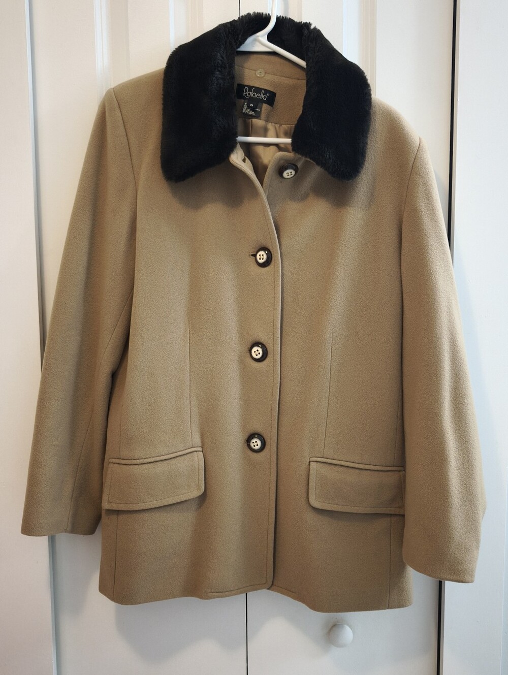Rafaella Wool Cashmere Coat Women's 8 Camel Tan Black Faux Fur Collar